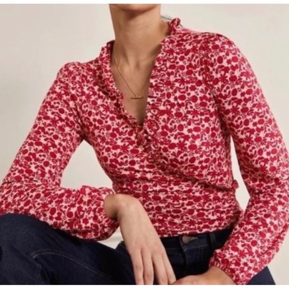 Boden Winterberry Flora Bloom Blouson Fixed Wrap Jersey Blouse Burgundy 16/18